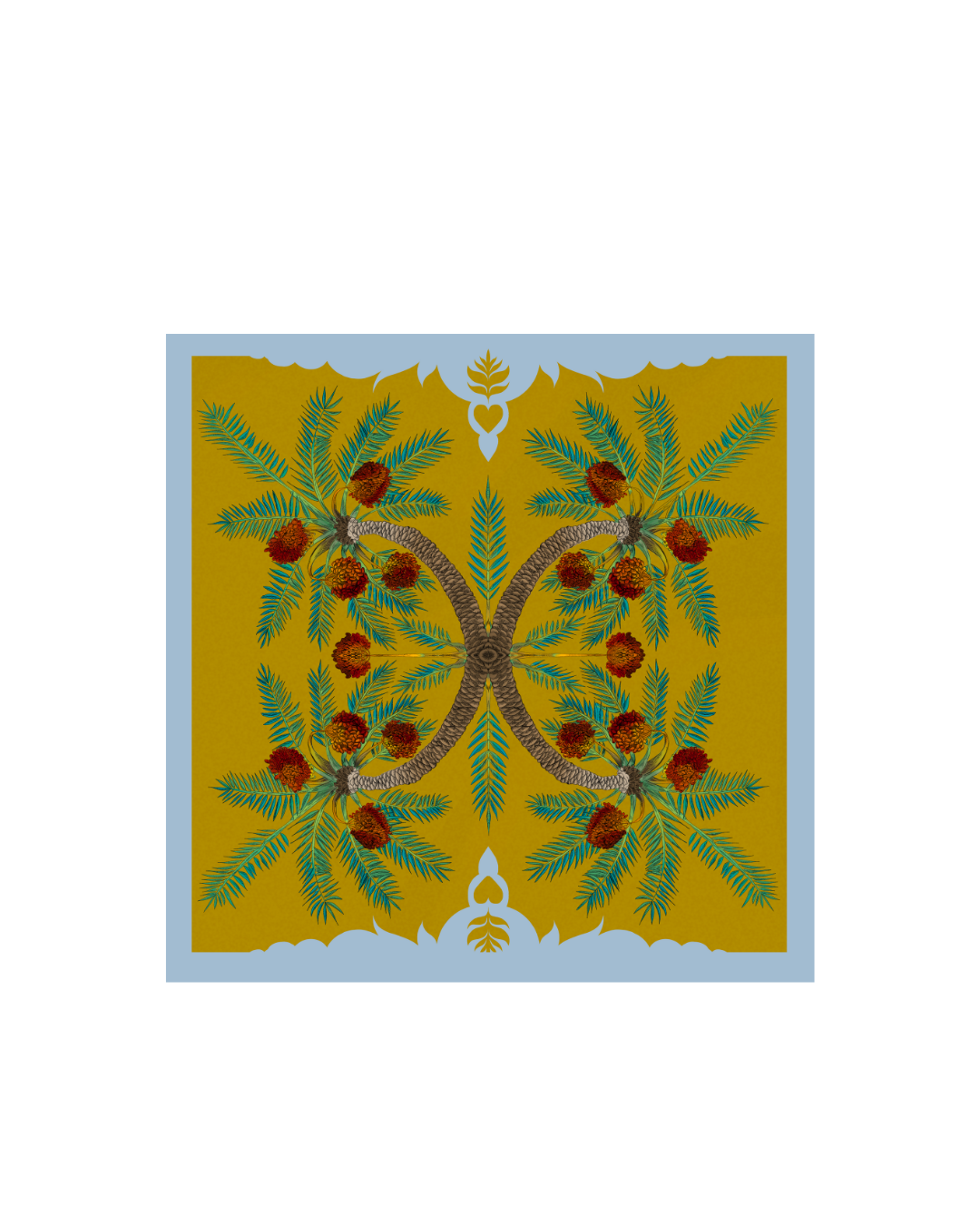 Decorative scarf with date palm trees on a golden and sky blue background